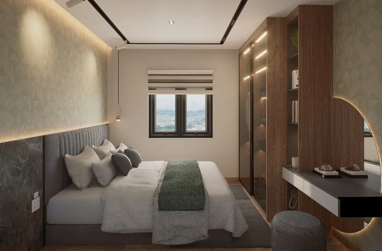 Bedroom interior render with city view at Loop Residences show unit