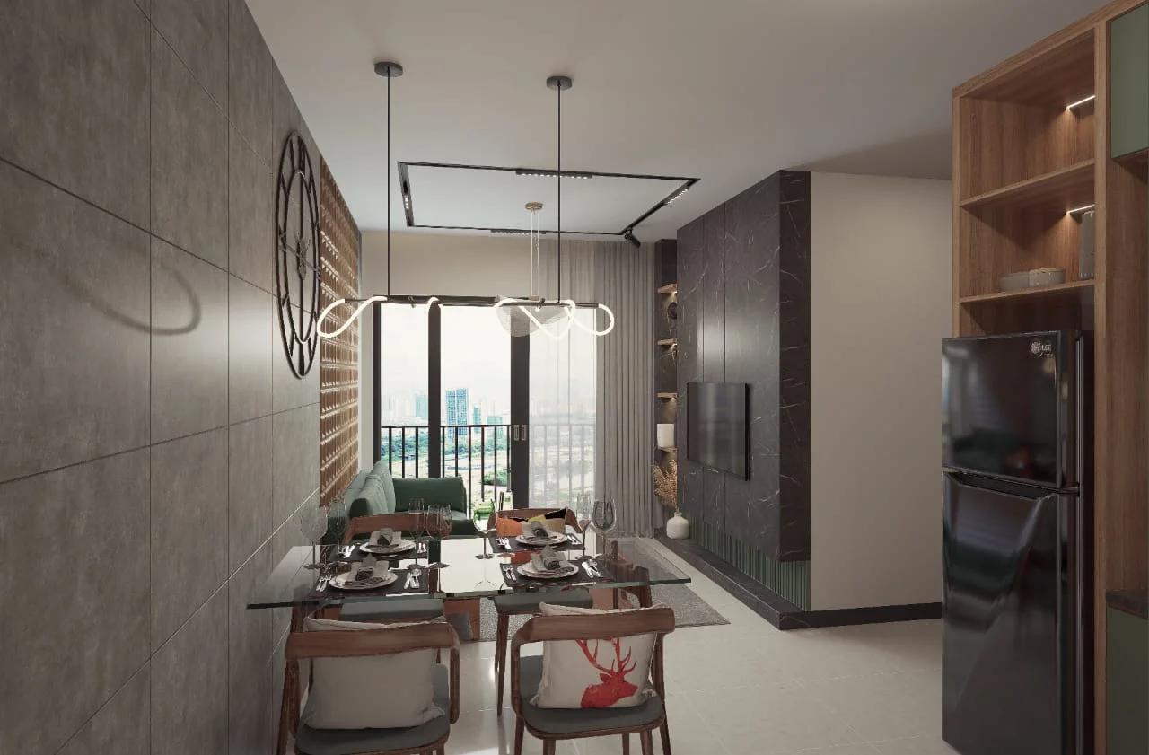 Living and dining room interior render with city view balcony at Loop Residences