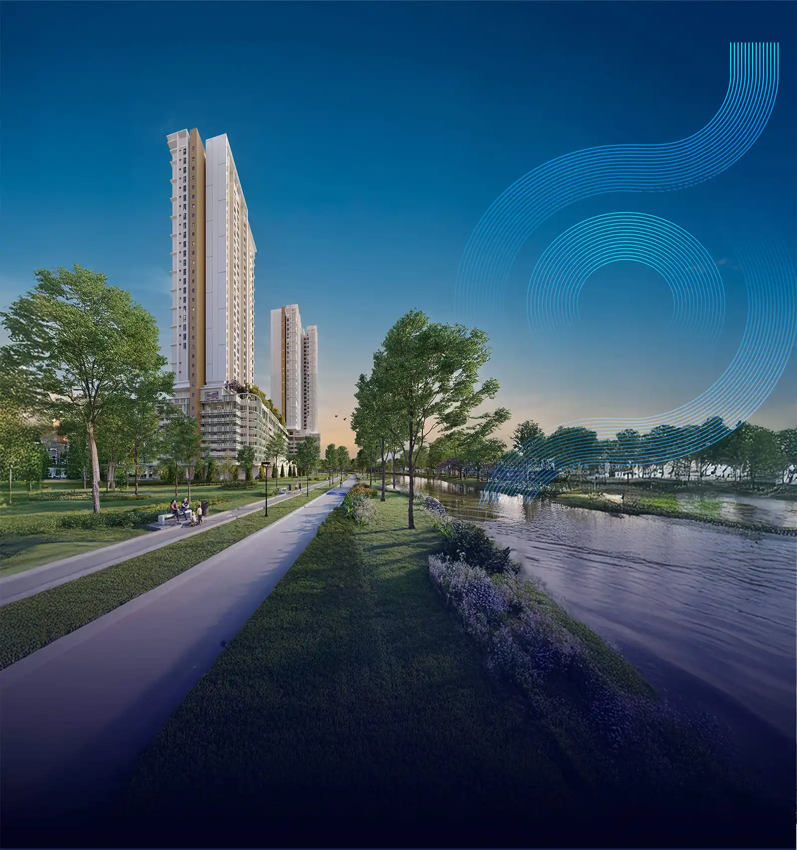 Loop Residences twin-tower facade render beside the river at dusk, Puchong