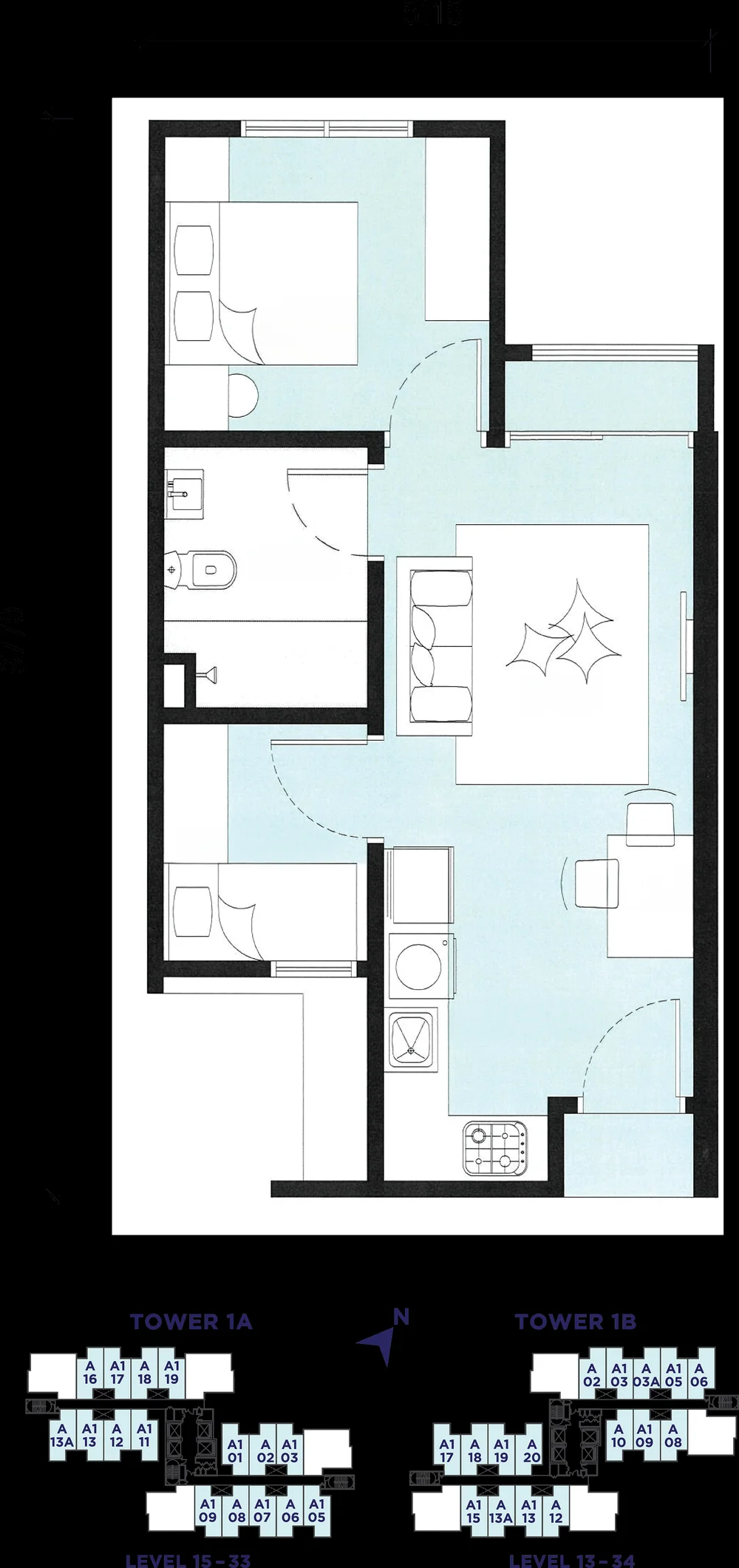 Type A/A1 floor plan, 450 sq ft, 1+1 bedroom, Loop Residences