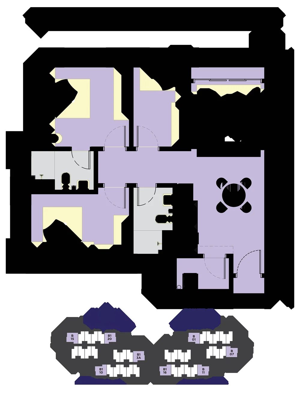 Type B/B1 floor plan, 750 sq ft, 3 bedroom, Loop Residences